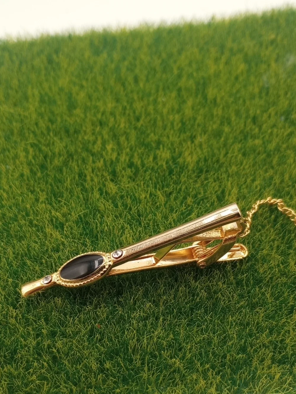 Gold Tone Tie Bar with Black Inlay High End Vintage Estate BR205